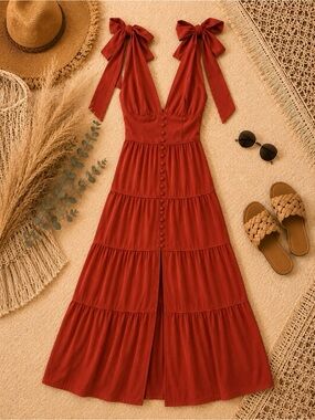 Tie-Shoulder Tiered Maxi Dress in Rust